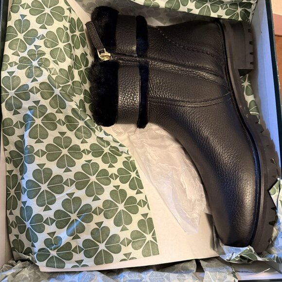 Kate Spade New York Bailee Winter Bootie Black Leather Faux Fur Trim Size 8.5 B - Picture 2 of 9